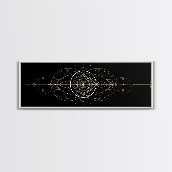 Gold Sacred Geometry Mandala On Black, Spiritual Wall Art, Modern Abstract Art Print, Celestial Framed Canvas Print, Home Decor