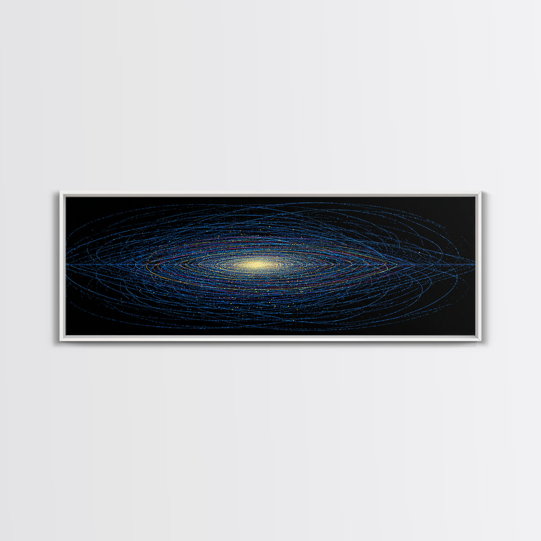 Blue Orbital Galaxy Lines On Black With Yellow Center, Space Abstract Wall Art, Modern Digital Art Print, Sci Fi Canvas Print