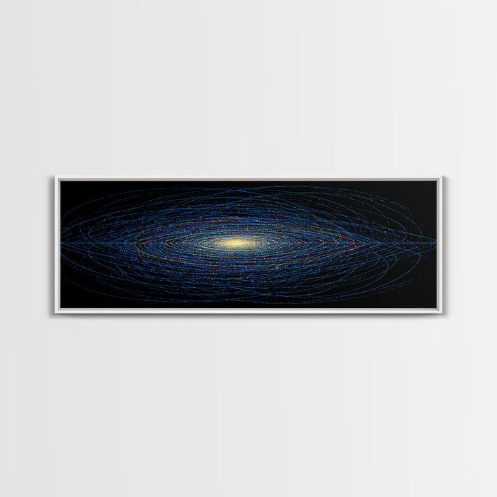 Blue Orbital Galaxy Lines On Black With Yellow Center, Space Abstract Wall Art, Modern Digital Art Print, Sci Fi Canvas Print