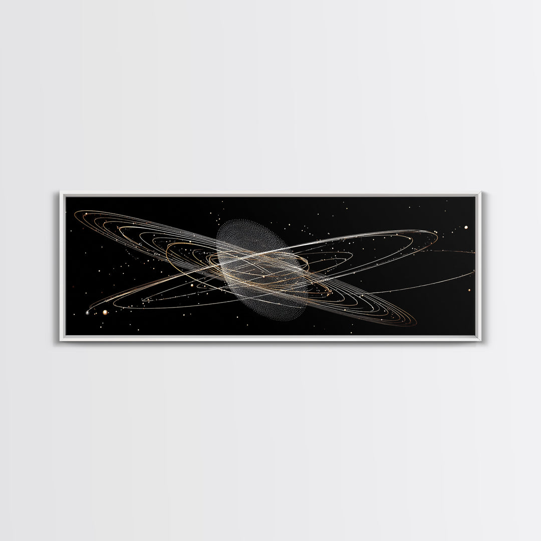 Golden Saturn Orbit Particle Rings On Black, Cosmic Wall Art, Modern Abstract Art Print, Space Framed Canvas Print, For Office Decor