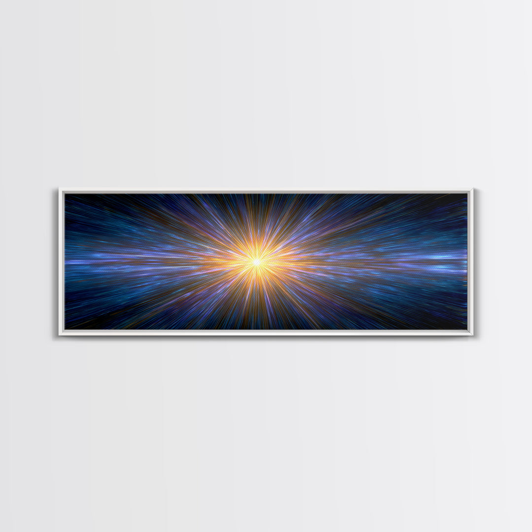 Radiant Blue And Gold Light Burst Horizon, Space Abstract Wall Art, Modern Digital Art Print, Sci Fi Canvas Print For Home