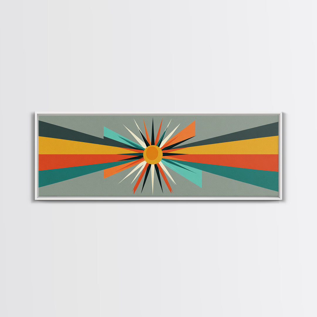 Atomic Orange Sunburst Rays Wall Art, Midcentury Modern Abstract Print, Retro Geometric Decor, MCM Living Room Poster Gift