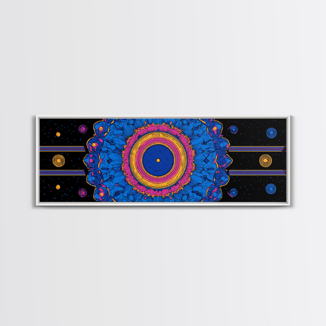 Blue Pink Cosmic Mandala Canvas Print, Psychedelic Abstract Wall Art, Retro Space Poster, Modern Geometric Home Decor Print