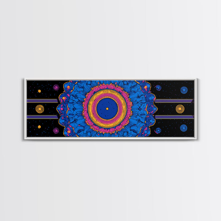 Blue Pink Cosmic Mandala Canvas Print, Psychedelic Abstract Wall Art, Retro Space Poster, Modern Geometric Home Decor Print