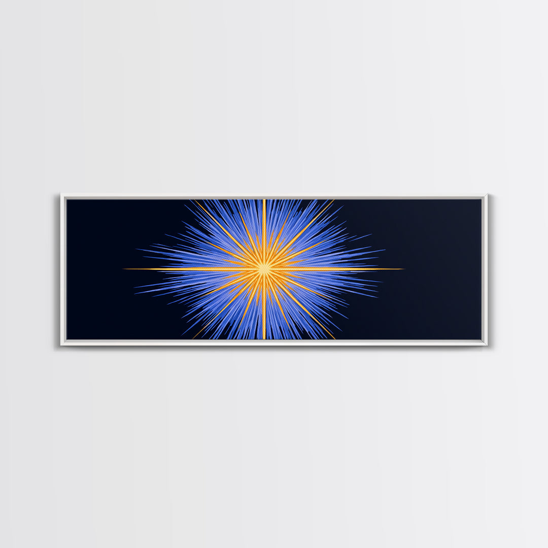 Blue Orange Radiant Starburst Canvas Print, Modern Abstract Wall Art, Cosmic Space Poster, Bold Geometric Living Room Decor