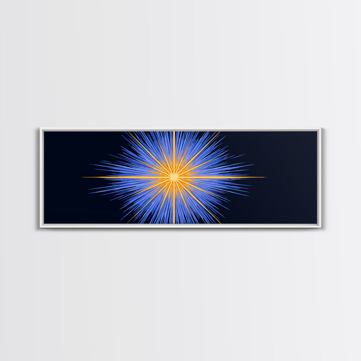 Blue Orange Radiant Starburst Canvas Print, Modern Abstract Wall Art, Cosmic Space Poster, Bold Geometric Living Room Decor