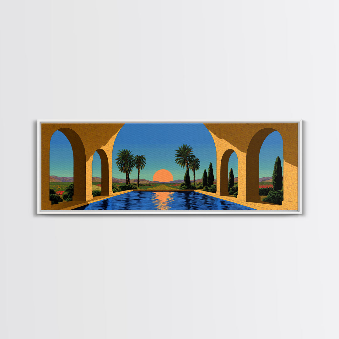 Palm Springs Pool With Golden Arches And Sunset Framed Canvas Print, Mid Century Modern Travel Poster Large Wall Art Decor