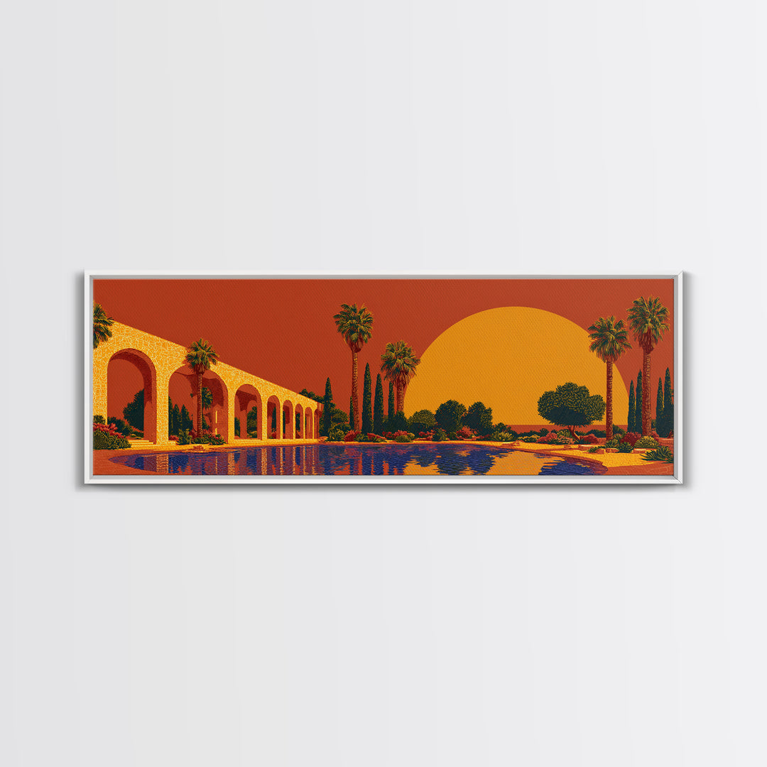 Orange Palm Oasis With Colonnade Pool And Giant Sun Framed Canvas Print, Mid Century Modern Wall Art, Retro Desert Decor