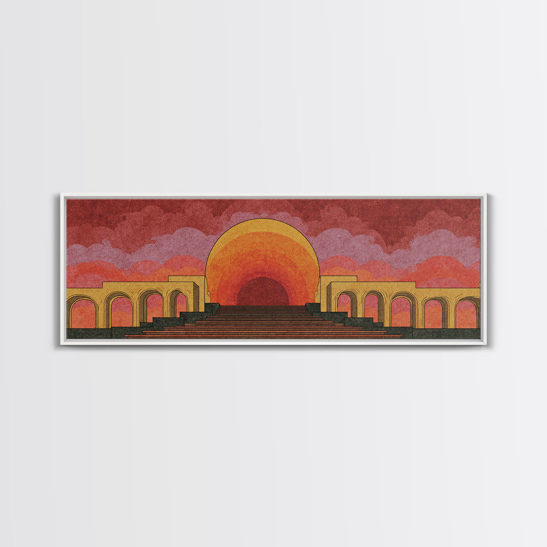 Monumental Sunset Theater With Arches And Stone Steps Canvas Print, Retro Mid Century Modern Wall Art, Orange Landscape Poster