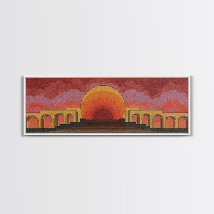 Monumental Sunset Theater With Arches And Stone Steps Canvas Print, Retro Mid Century Modern Wall Art, Orange Landscape Poster