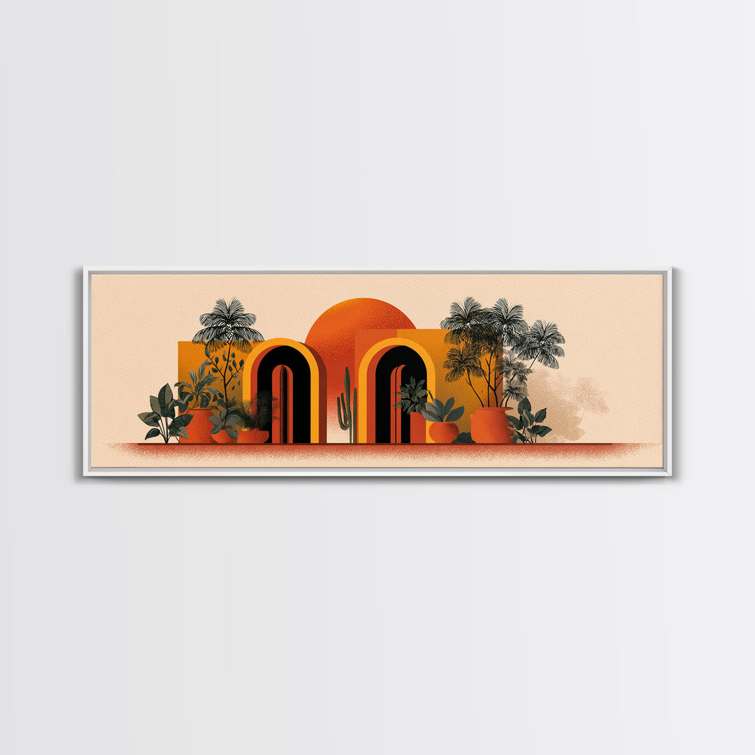 Potted Plants With Orange Sun And Rainbow Arched Doors Wall Art, Mid Century Modern Botanical Decor, MCM Desert Poster Print