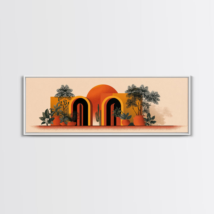Potted Plants With Orange Sun And Rainbow Arched Doors Wall Art, Mid Century Modern Botanical Decor, MCM Desert Poster Print