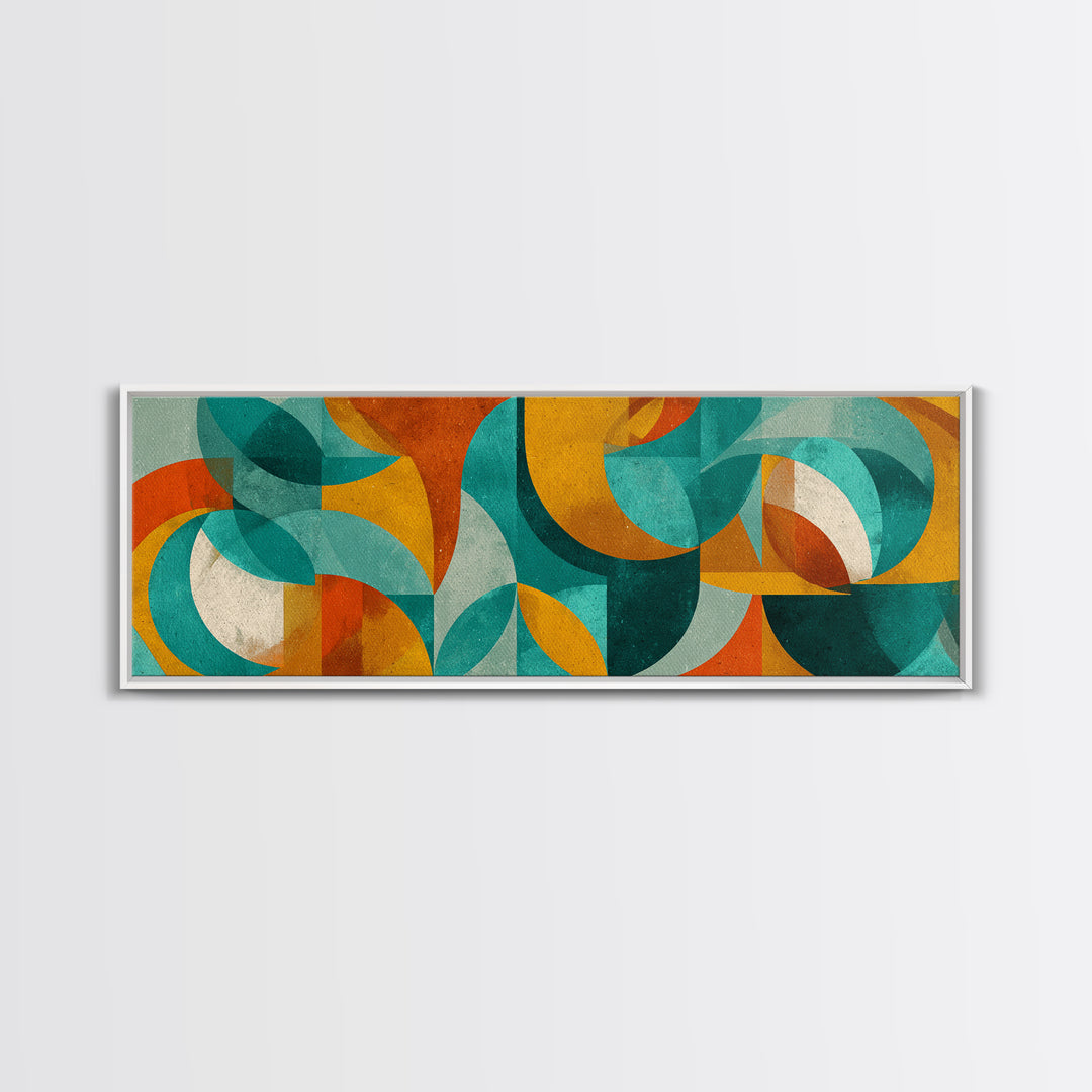 Teal Ochre Geometric Circles And Transparent Shapes Wall Art, Mid Century Modern Abstract Print, Bauhaus Colorblock Decor