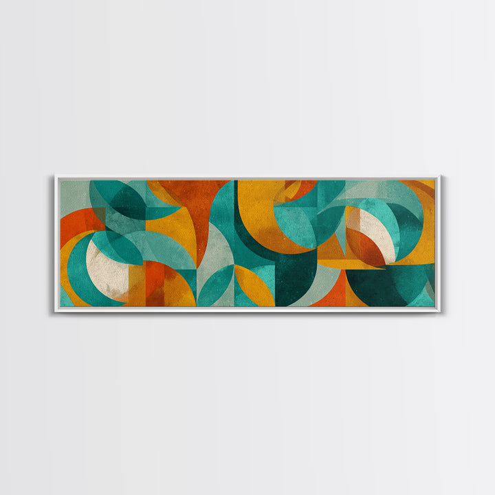 Teal Ochre Geometric Circles And Transparent Shapes Wall Art, Mid Century Modern Abstract Print, Bauhaus Colorblock Decor