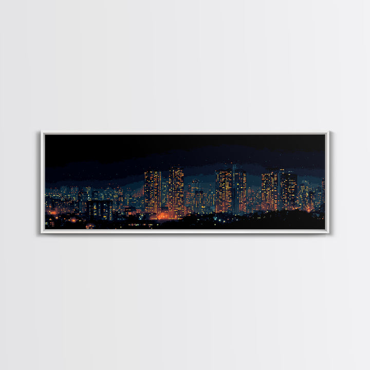 Glowing Night City Skyline Wall Art, Modern Urban Photography Print, Skyscraper Lights Poster, Apartment Living Room Decor