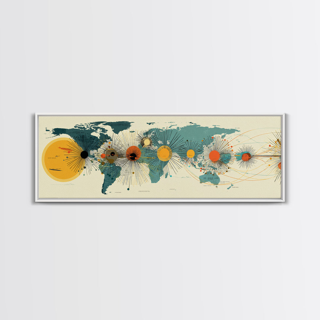 Solar System World Map Wall Art, Midcentury Modern Space Poster, Retro Planetary Lines Framed Canvas Print, Office Decor