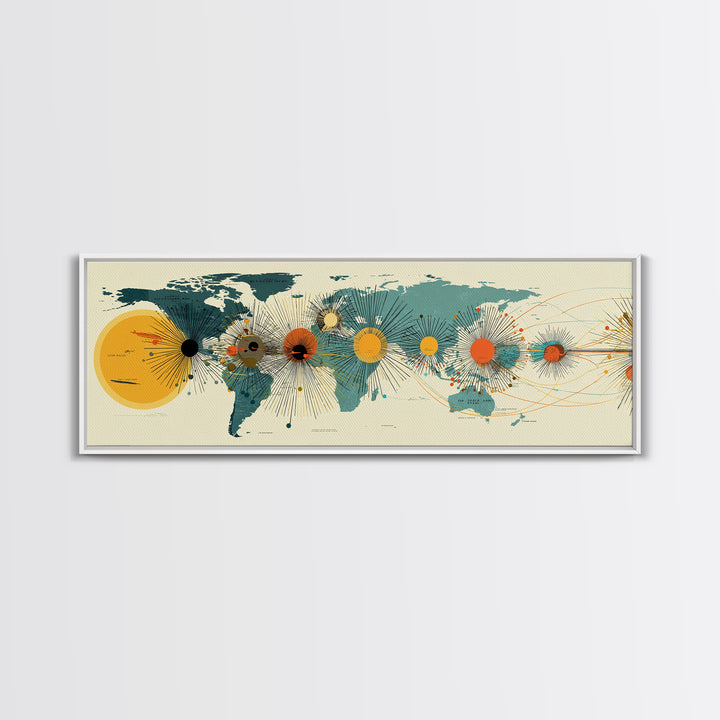 Solar System World Map Wall Art, Midcentury Modern Space Poster, Retro Planetary Lines Framed Canvas Print, Office Decor