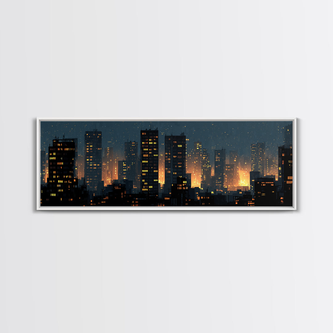 Rainy Night City Silhouette Wall Art, Moody Urban Skyline Print, Modern Skyscraper Lights Poster, Industrial Office Decor