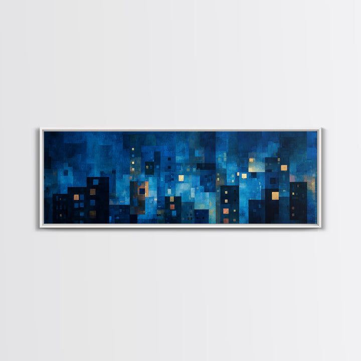 Blue Abstract City Lights Canvas Print, Modern Wall Art For Living Room, Urban Night Skyline Poster, Midcentury Home Decor