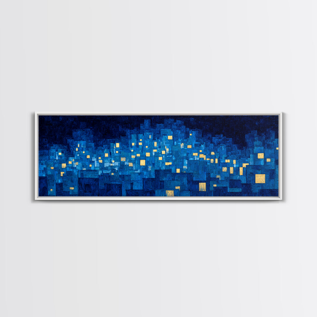Mosaic Blue City Night Wall Art, Modern Abstract Art Print, Urban Skyline Lights, MCM Wall Decor, Large Living Room Artwork