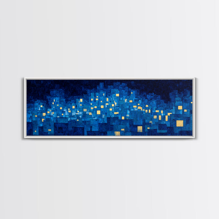 Mosaic Blue City Night Wall Art, Modern Abstract Art Print, Urban Skyline Lights, MCM Wall Decor, Large Living Room Artwork