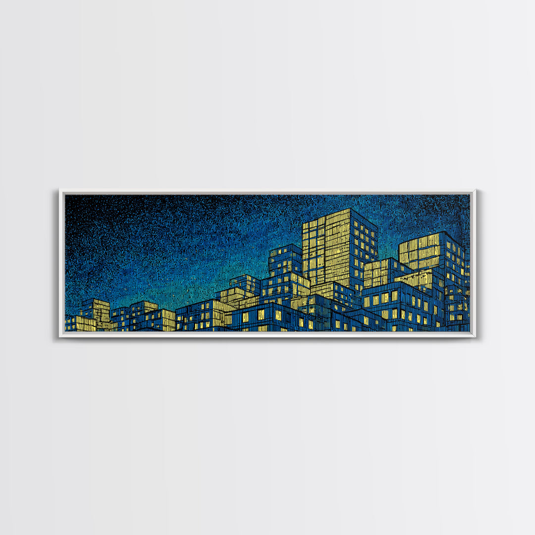 Yellow Blue Skyscraper Skyline Framed Canvas Print, Modern Wall Art, Architectural Cityscape Poster, Office Decor For Loft