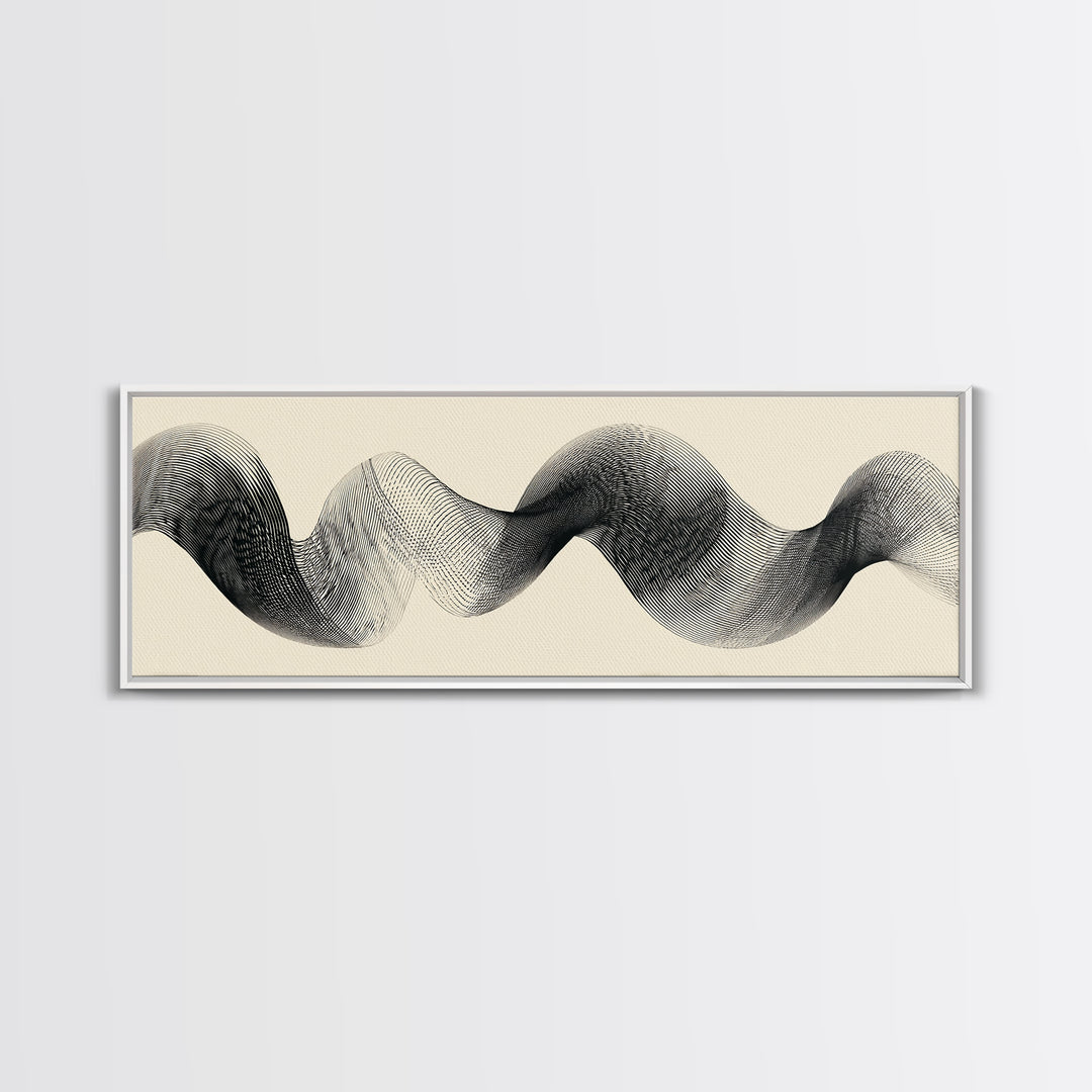 Black Ink Sine Wave Framed Canvas Print, Minimalist Abstract Wall Art, Modern Geometric Line Poster, Neutral Office Decor