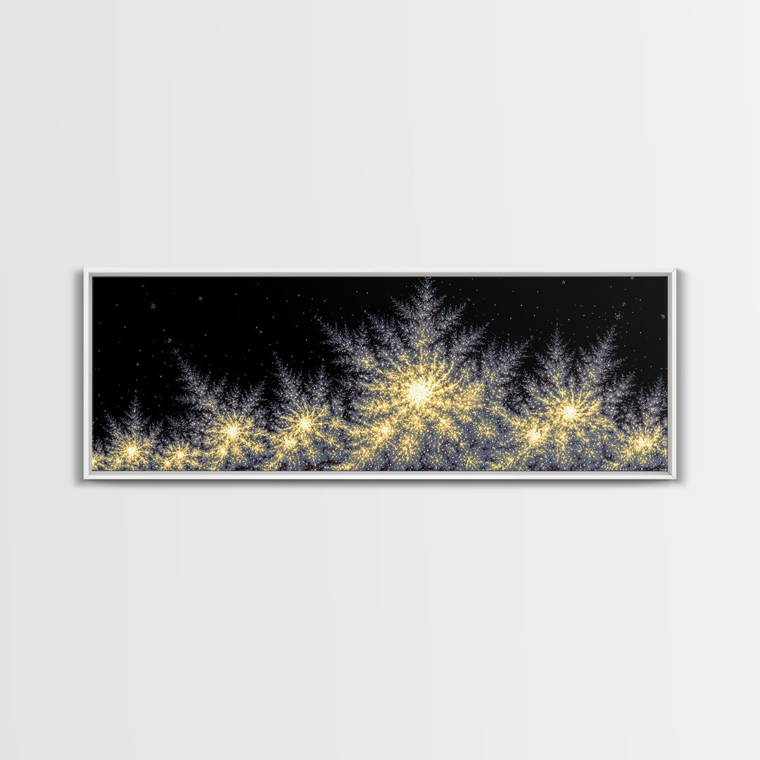 Golden Sparkling Tree Line Wall Art, Panoramic Winter Night Poster, Modern Abstract Art Print, Festive Metallic Home Decor