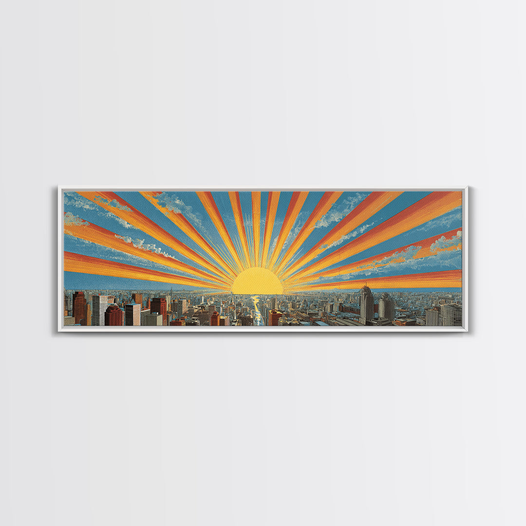 Radiant Sunrise City Skyline Framed Canvas Print, Panoramic Retro Travel Poster, Midcentury Modern Wall Art, Bright Home Decor