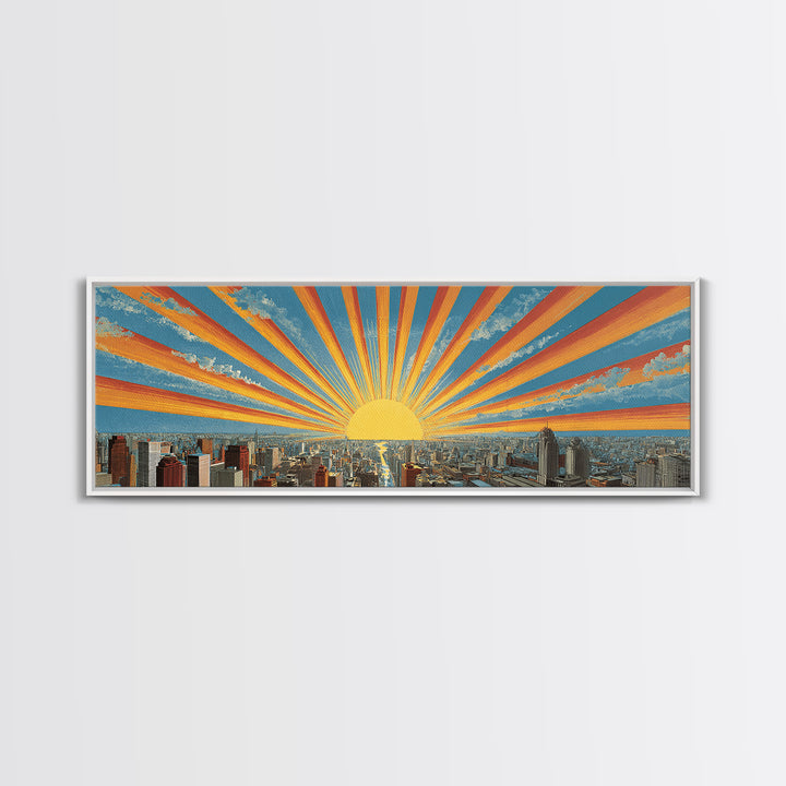 Radiant Sunrise City Skyline Framed Canvas Print, Panoramic Retro Travel Poster, Midcentury Modern Wall Art, Bright Home Decor