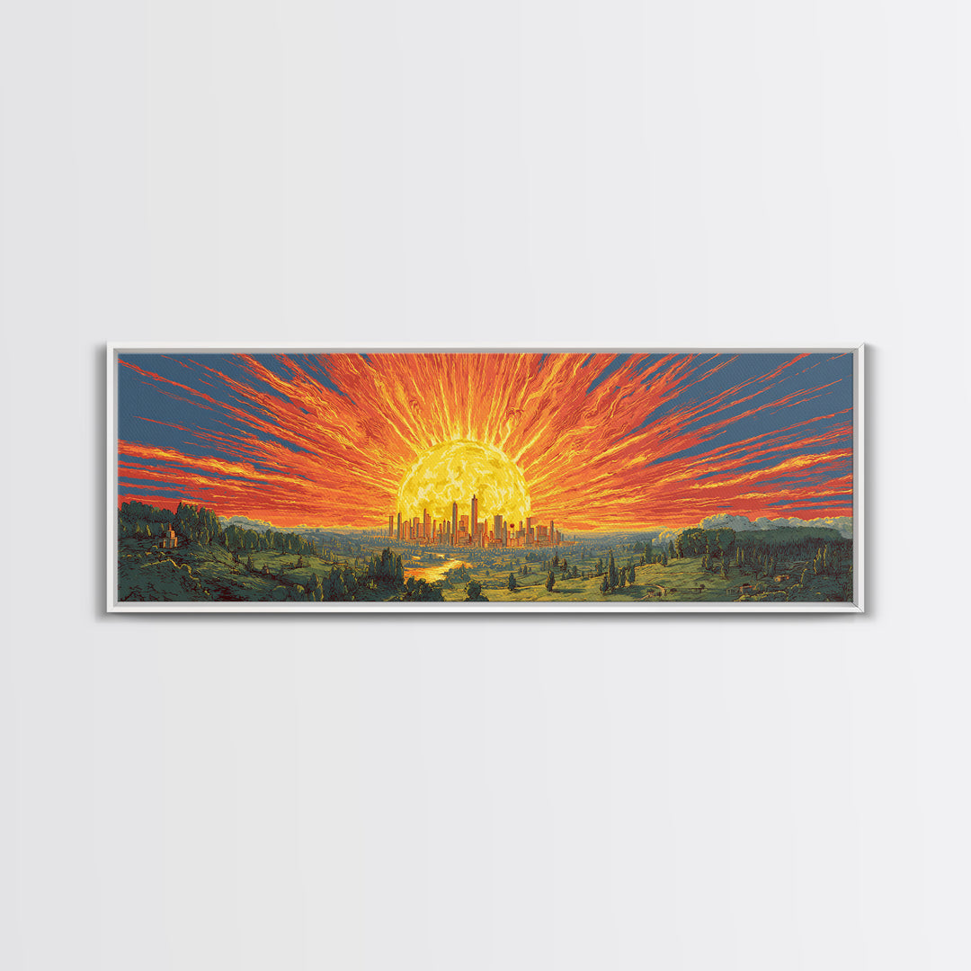 Fiery Solar Cityscape Canvas Print, Panoramic Apocalypse Sunset Poster, Bold Modern Abstract Art, Orange Wall Decor For Home