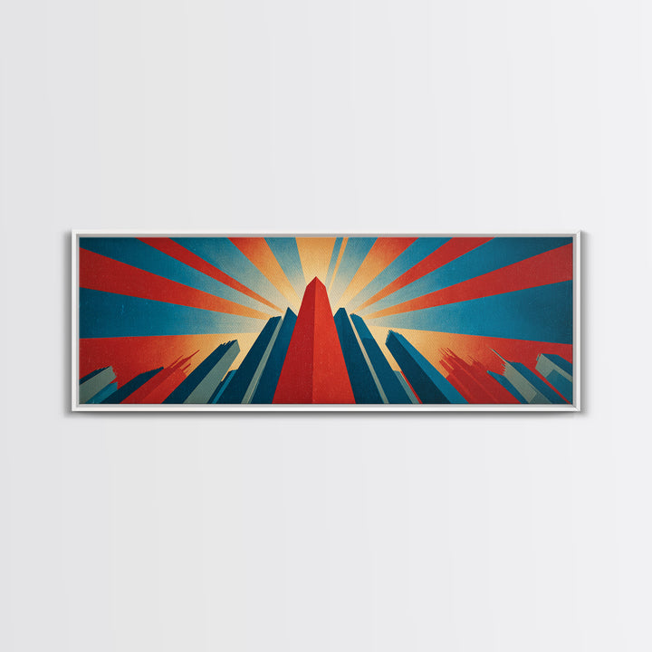 Dramatic Art Deco Skyscraper Wall Art, Panoramic Sunburst City Poster, Retro Modern Art Print, Bold Office Wall Decor Gift