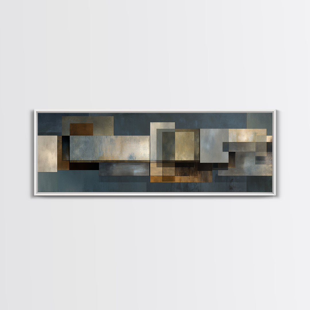 Moody Metallic Rectangle Canvas Print, Modern Abstract Wall Decor, Industrial Geometric Art, Blue Gold Home Office Artwork