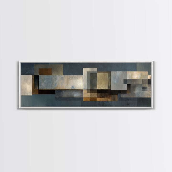 Moody Metallic Rectangle Canvas Print, Modern Abstract Wall Decor, Industrial Geometric Art, Blue Gold Home Office Artwork