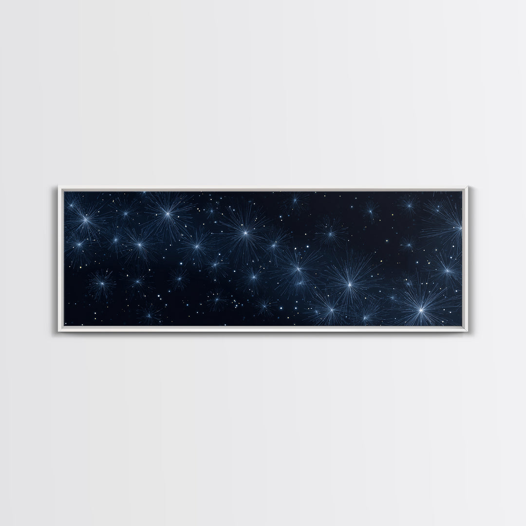 Deep Blue Starburst Night Wall Art, Cosmic Modern Abstract Print, Celestial Space Decor, Navy Bedroom And Home Office Canvas Gift