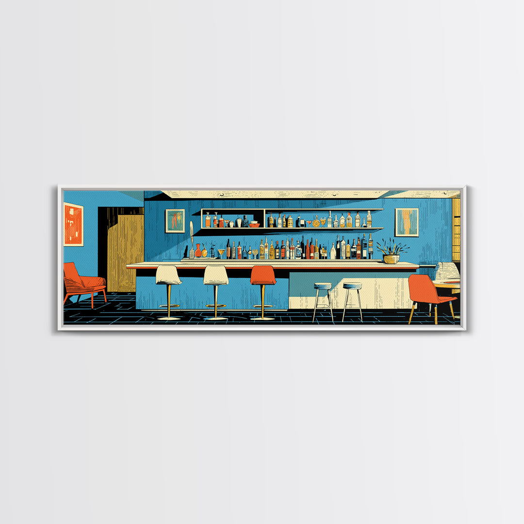 Blue Midcentury Cocktail Bar Wall Art, Retro Lounge Poster, Modern Home Decor, Framed Canvas Print, Bar Cart Wall Decor Gift