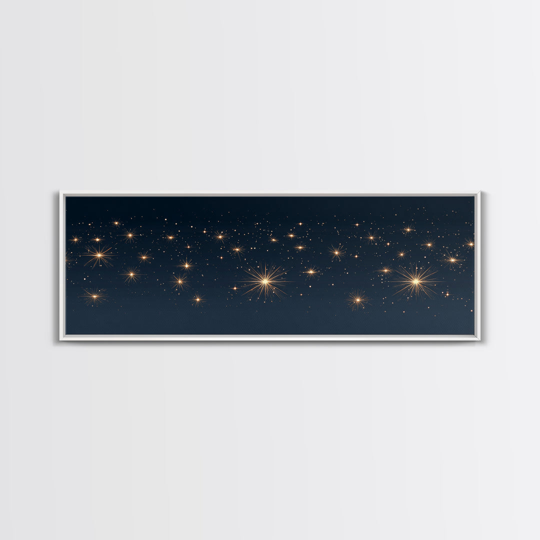 Warm Gold Starry Night Canvas Print, Cosmic Modern Wall Art, Navy Celestial Space Decor, Elegant Bedroom And Home Office Poster Gift