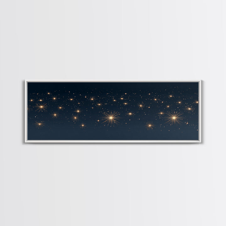 Warm Gold Starry Night Canvas Print, Cosmic Modern Wall Art, Navy Celestial Space Decor, Elegant Bedroom And Home Office Poster Gift