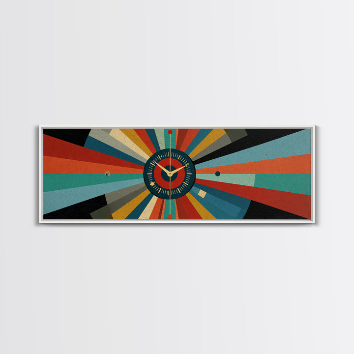 Atomic Clock Sunburst Wall Art, Midcentury Modern Canvas, Retro Geometric Poster, MCM Home Decor, Panoramic Abstract Print