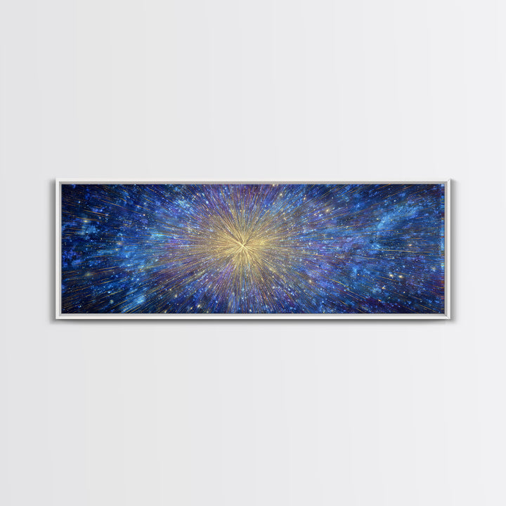 Blue Gold Cosmic Starburst Canvas Print, Space Abstract Wall Decor, Modern Digital Art, Galaxy Light Speed Panoramic Poster