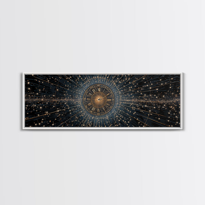 Celestial Clock Time Warp Wall Art, Gold Blue Cosmic Abstract Poster, Modern Space Decor, Panoramic Galaxy Artwork Print