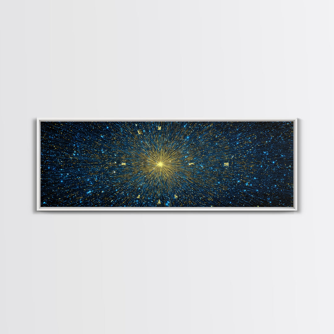 Golden Core Light Speed Canvas Print, Blue Galaxy Abstract Wall Decor, Modern Space Poster, Cosmic Panoramic Digital Artwork