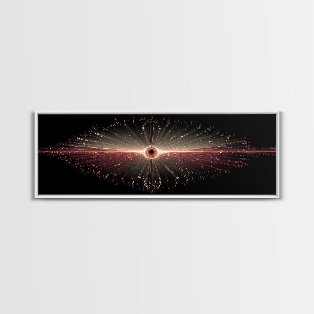Red Black Hole Particle Burst Framed Canvas Print, Cosmic Retro Wall Art, Modern Abstract Art Print, Dark Space Decor Poster