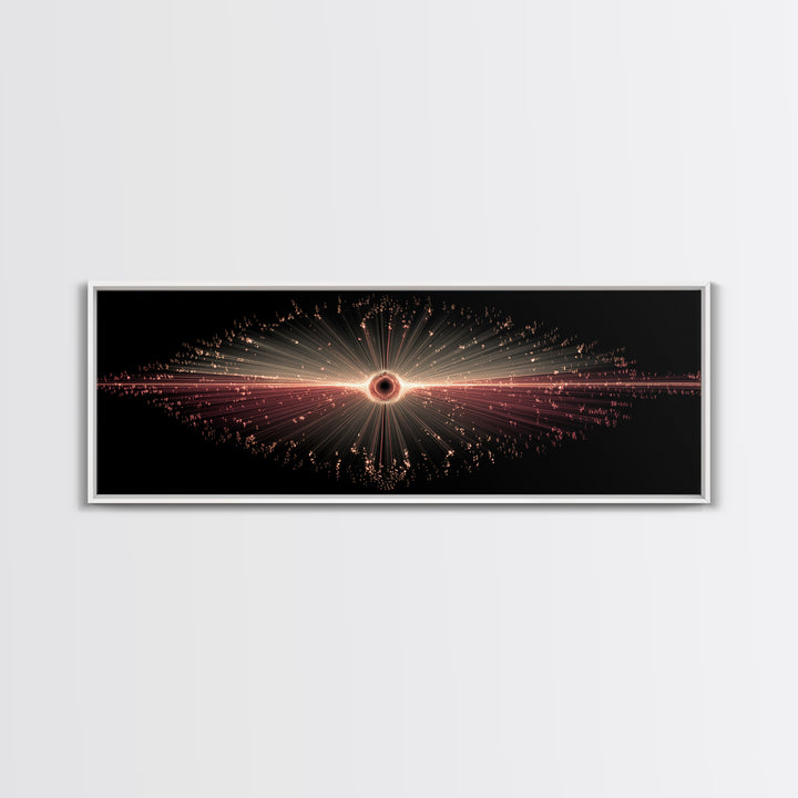 Red Black Hole Particle Burst Framed Canvas Print, Cosmic Retro Wall Art, Modern Abstract Art Print, Dark Space Decor Poster