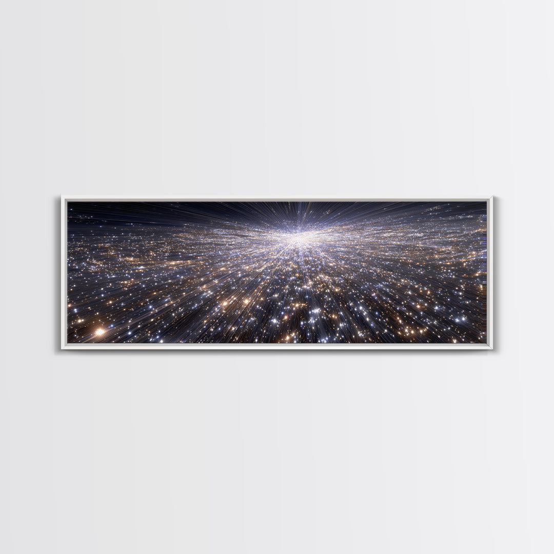 Silver Sparkling Starfield Wall Art, Modern Cosmic Canvas Print, Space Abstract Art, Panoramic Poster, Living Room Decor