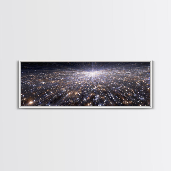 Silver Sparkling Starfield Wall Art, Modern Cosmic Canvas Print, Space Abstract Art, Panoramic Poster, Living Room Decor