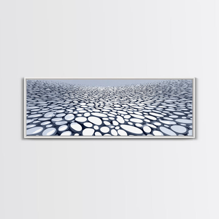 Blue White Pebble Horizon Perspective Canvas Print, Abstract Wall Art, Modern Geometric Decor For Office And Living Room