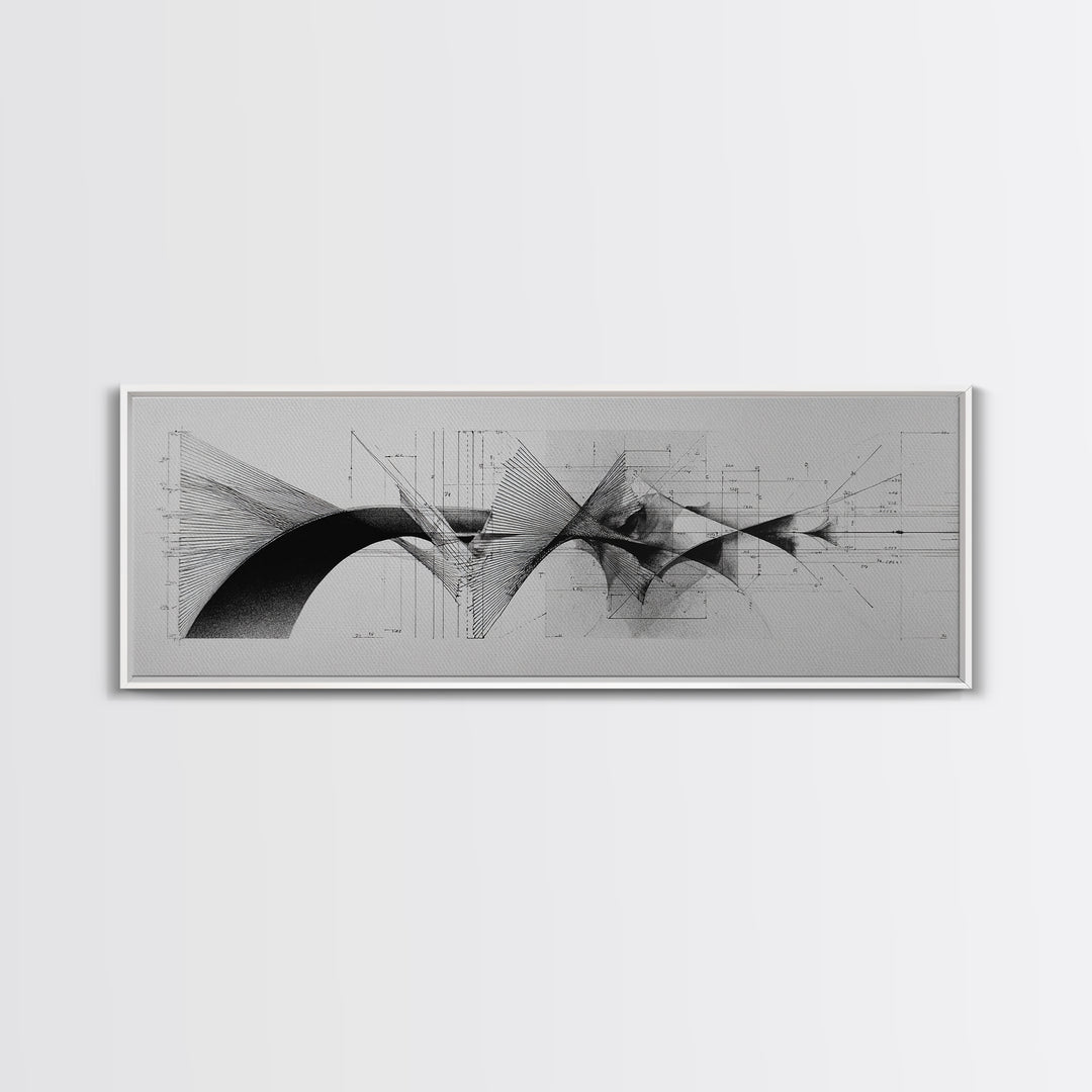 Monochrome Architectural Arcs And Lines Wall Art, Midcentury Modern Abstract Print, Black White Office Decor, Framed Canvas Print
