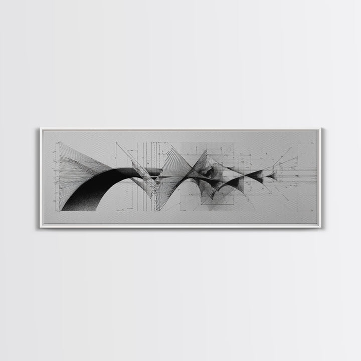 Monochrome Architectural Arcs And Lines Wall Art, Midcentury Modern Abstract Print, Black White Office Decor, Framed Canvas Print