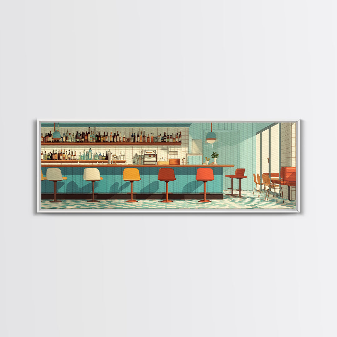 Sunlit Teal Bar With Orange Stools Framed Canvas Print, Mid Century Modern Decor, Retro Wall Art, Kitchen Poster, Large Prints